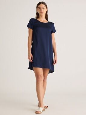 Quince Women’s ⁠Washable Stretch Silk Navy Short Sleeve High-Low Shift Dress S